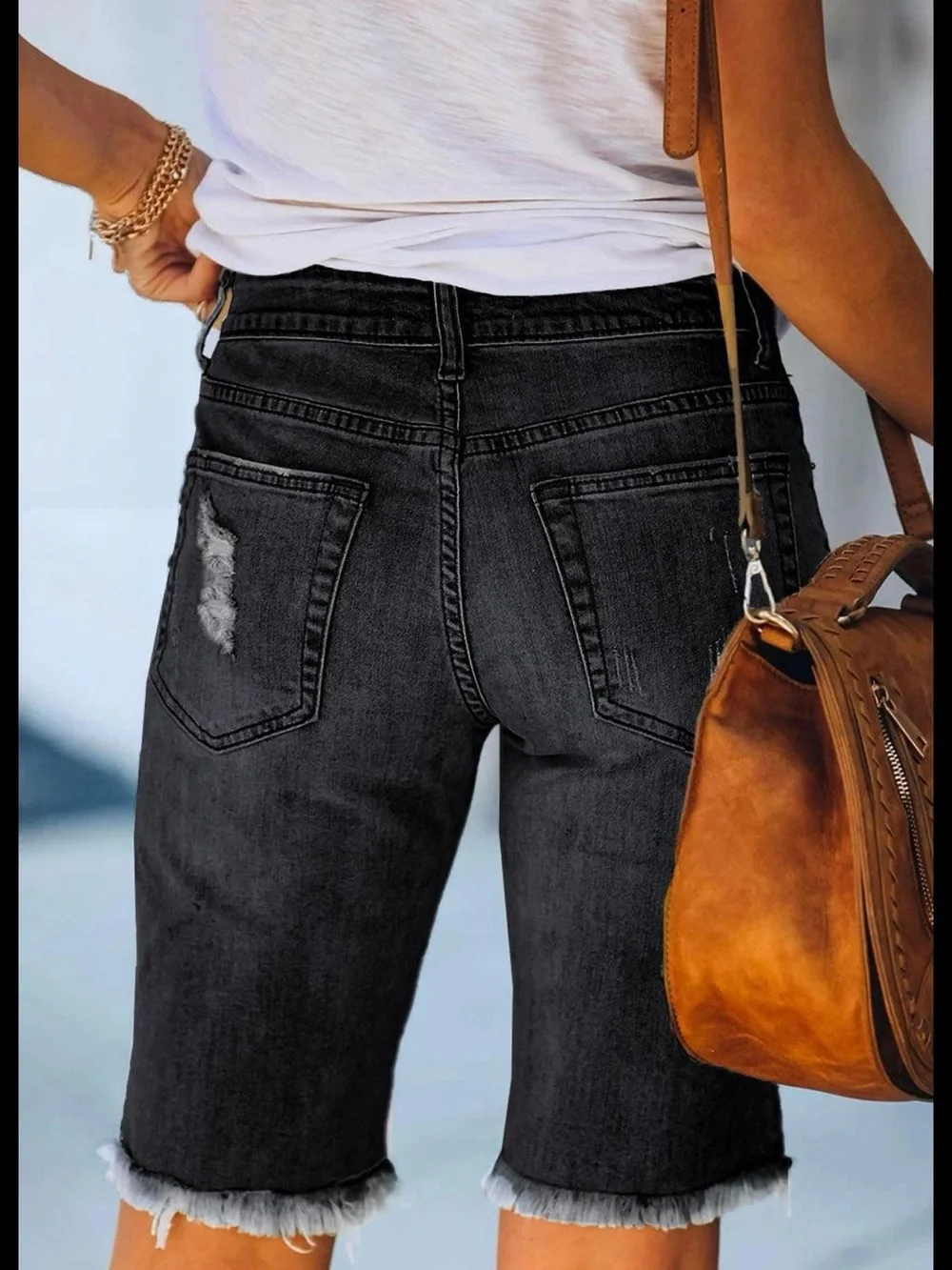 High-Rise Black Distressed Bermuda Jean Shorts